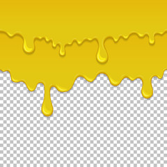 Yellow sticky liquid seamless element. Realistic dripping slime isolated object. Background with golden honey. Popular kids sensory game. Glossy yellow fluid flowing repeatable vector illustration