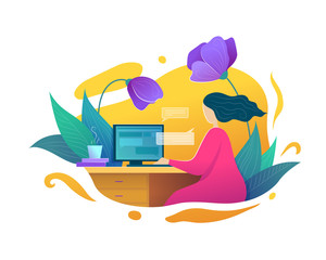 Freelance or online education at home concept in flat style. Working with computer woman writing blog. Relaxation and home working lifestyle vector illustration. Blogging and social media banner