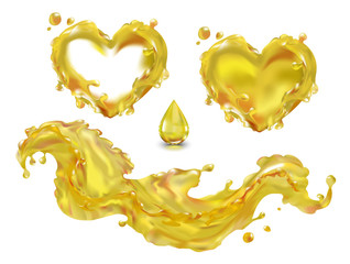 Oil splash drop capsule vector isolated on white background with transparency. The wave of the oil liquid heart yellow. Vegetable, olive, machine. Food, cosmetology, medicine, industry. Fish oil