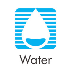 Logotipo abstracto con texto Water con cuadrado color azul con gota en espacio negativo