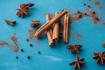 cinnamon on blue background