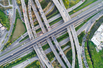 Aerial look down view intersection city transport road