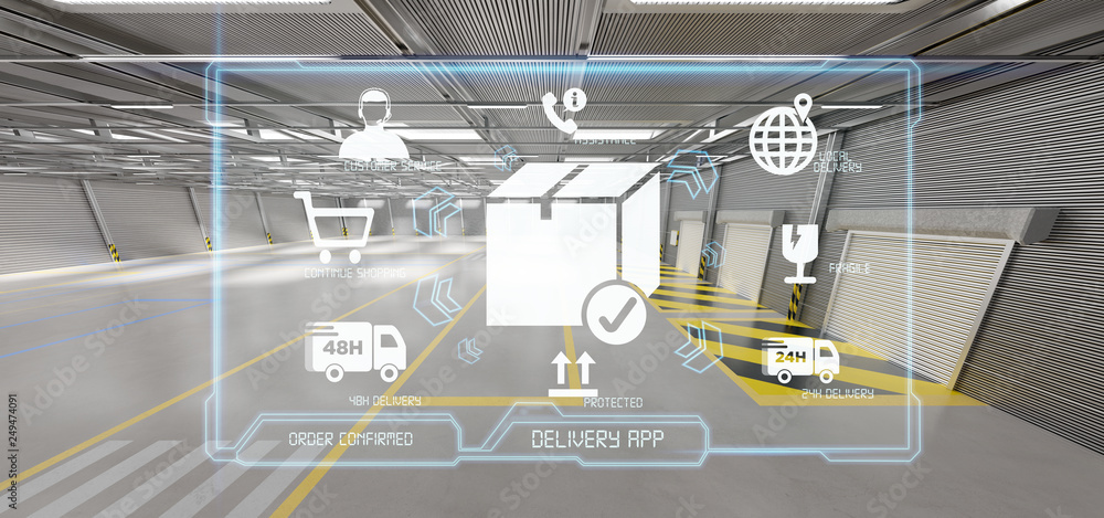 Poster logistic delivery service application on a warehouse background 3d rendering