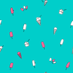 Seamless hand drawn pattern of ice-creams on blue background.