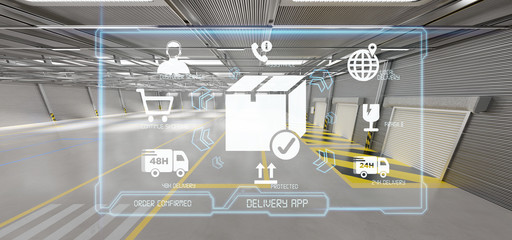 Logistic delivery service application on a warehouse background 3d rendering