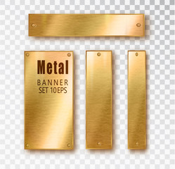 Metal gold vertical banners set realistic. Vector Metal brushed plates with a place for inscriptions isolated on transparent background. Realistic 3D design. Stainless steel background.