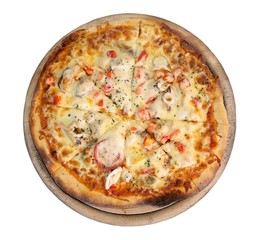 Top view of homemade seafood pizza on wooden plate isolate on white