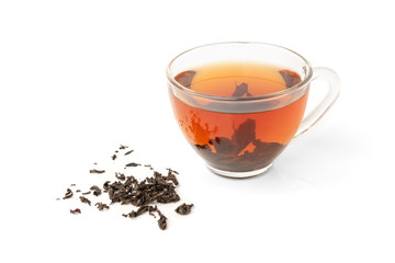 Cup of black tea isolated on white background.