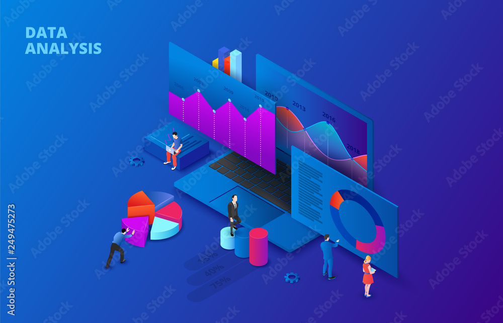 Poster Isometric vector illustration. Data analysis concept with characters. Can use for web banner or infographics