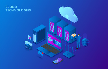 Cloud data storage isometric illustration. Businessman put in document folder in cloud cabinet.