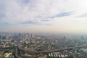 Aerial view Bangkok building morning with air pollution PM 2.5