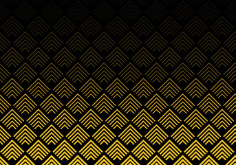 Abstract gold color chevron lines pattern on black background. Geometric tracery.