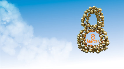 8 March symbol. Figure of eight made of golden spheres flying in the space over abstract blue sky background with clouds. Decorative greeting postcard for international Woman's Day. 3d illustration
