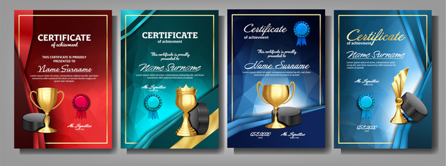 Ice Hockey Game Certificate Diploma With Golden Cup Set Vector. Sport Award Template. Achievement Design. Honor Background. Champion. Best Prize. Winner Trophy. Banner Template Illustration