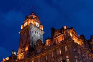 Fototapeta na wymiar The Balmoral at blue hour in Edinburgh