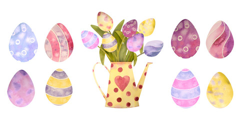 Watercolor drawn set with elements of happy easter. Flowers, eggs, all isolated on a white background.