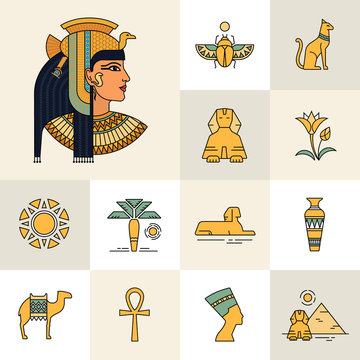 Icon set with an illustration of an Egyptian goddess, Egyptian queen or Egyptian woman. Isolated on white background set of icons and illustrations related to Egypt.