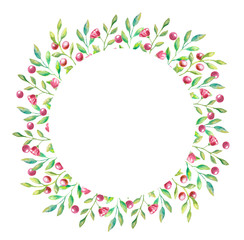 Fototapeta na wymiar Round white frame with small red flowers and berries and small green leaves for your invitation or card