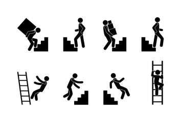 icon man walks up and down stairs, set of people silhouettes, stick figure human pictogram, man carries cargo upstairs