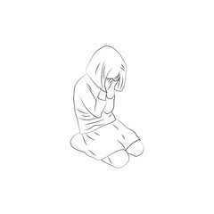 Child, girl, teen, teenager sitting frustrated. Vector outlined illustration. Black lines vector image, white background.