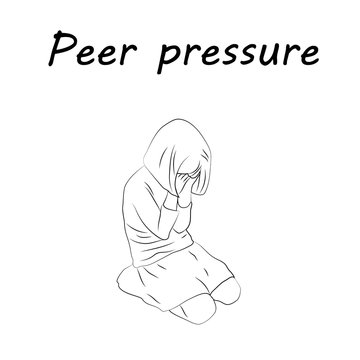 Peer pressure. Child, girl, teen, teenager sitting frustrated. Vector outlined illustration. Black lines vector image, white background.
