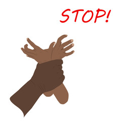 Stop poster. Violence against children. Flat colors design vector illustration. Black, dark skinned man's hand holding kid's hands. White background.