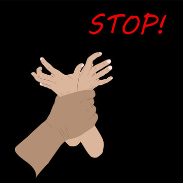 Stop poster. Violence against children. Flat colors design vector illustration. Man's hand holding kid's hands. Black background.