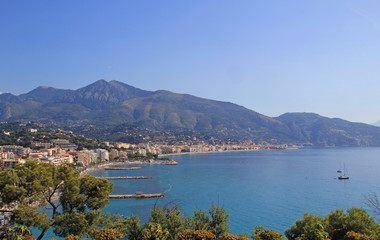 Roquebrune and Menton, French riviera coast with blue sea.