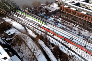 Aerial view of traintracks on winterday