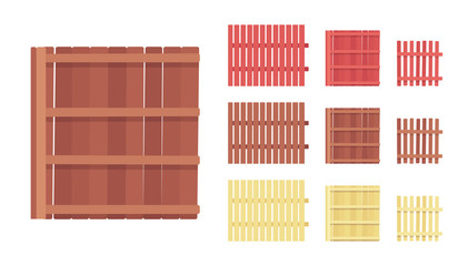 Fence wooden barrier set, home and land protection element. Decoration boundary for street or neighborhood privacy. Vector flat style cartoon illustration isolated, white background, different views