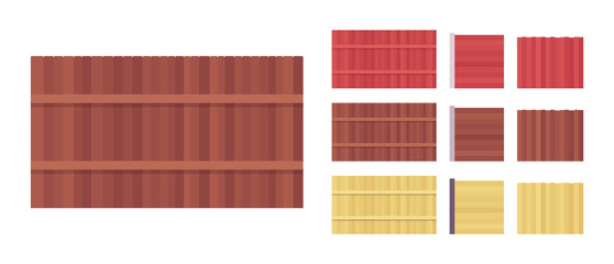 Fence wooden barrier set, home and land protection element. High boundary to prevent or block movement to house. Vector flat style cartoon illustration isolated, white background, different views