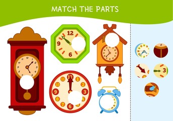 Matching children educational game. Match parts of clocks. Activity for pre sсhool years kids and toddlers.