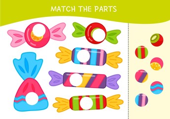 Matching children educational game. Match parts of candies. Activity for pre sсhool years kids and toddlers.
