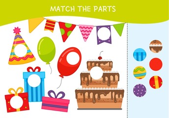 Matching children educational game. Match parts of holiday items. Activity for pre sсhool years kids and toddlers.