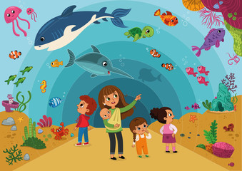 Illustration of a Family Visiting an Aquarium
