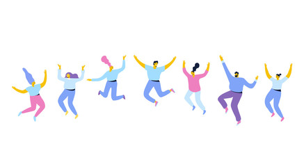 Happy Jumping group of young people. Friendship, Success, Healthy lifestyle, celebrating victory concept. Flat Vector illustration.