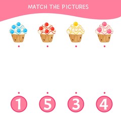 Counting educational children game, math kids activity sheet.  Match the pictures. Cartoon cakes.
