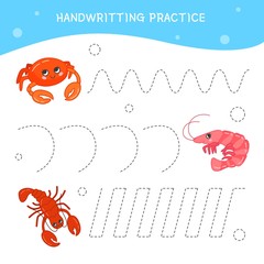 Handwriting practice sheet. Basic writing. Educational game for children.  Cartoon cute sea animals.