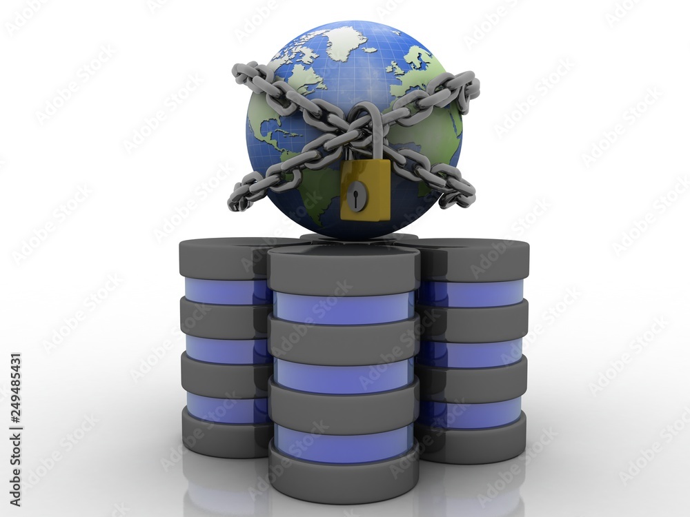 Poster 3d illustration database storage security concept. disk with lock