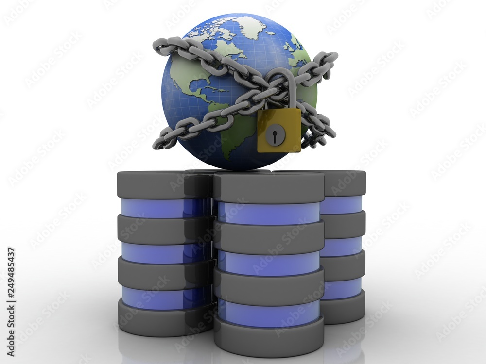 Poster 3d illustration database storage security concept. disk with lock