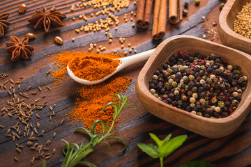 Mixed spices and herbs in kitchen utensils on wooden background.
