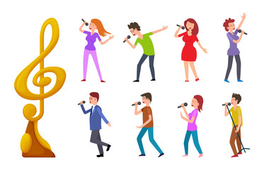 Music award and people singing vector, singers on contest. Performers wearing festive clothes holding microphones, musical performance of woman man