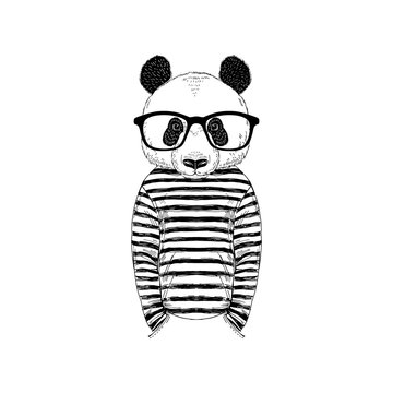 Humanized panda bear man hipster dressed up in nordic stripy frock. Hand drawn vector illustration. Furry art image. Black and white print design.