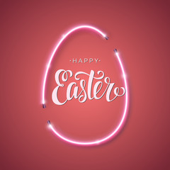 Happy Easter script lettering inscription. Hand lettering card. Modern calligraphy for Easter Day. Vector neon sign. Abstract background with bright pink vector neon egg. 