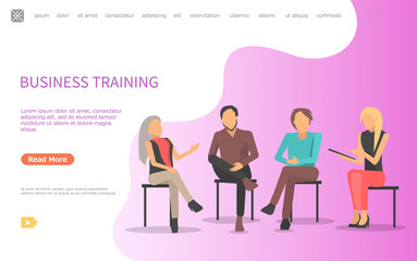 Business training with coworkers sitting on chairs, people at conference discussing issues. Women holding tablet and talking to listeners vector web design. Website or webpage, landing page in flat