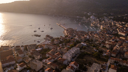 Komiza Vis Croatia, drone photography of komiza during sunset, overview komiza in Croatia
