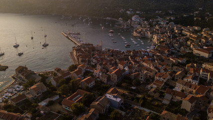 Komiza Vis Croatia, drone photography of komiza during sunset, overview komiza in Croatia