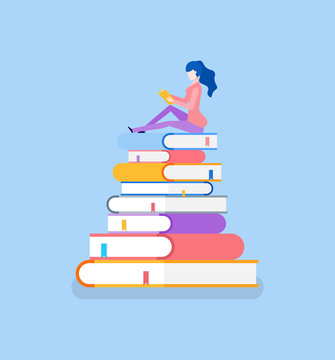 Pile of books and lady sitting on top reading vector. Isolated icons bookworm preparing for exam test in university school. Education self study methods