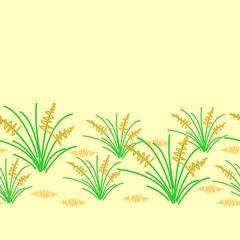 Horizontal seamless border, vector hand drawn element, bunch of grass. Sand beige color of background. 