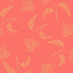 Hand drawn flower, gold line art on living coral backdround. Vector seamless surface pattern. 